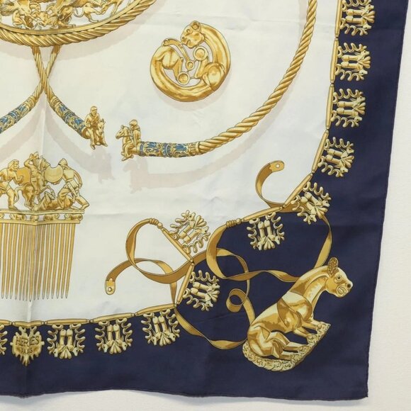 HERMES Carre 90 Scarf ""LES CAVALIERS D'OR"" Silk Navy Auth - Picture 10 of 15
